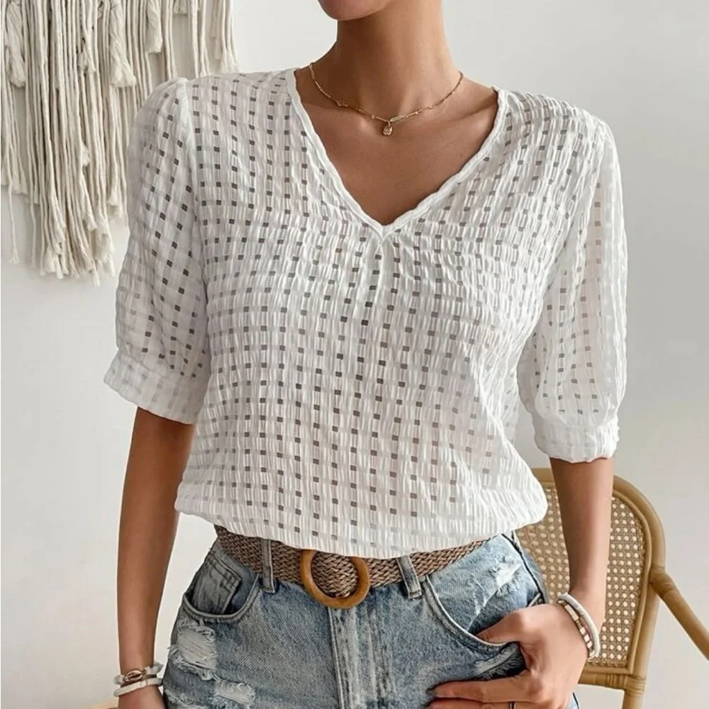 NWT Cara White Semi Sheer Plaid Top